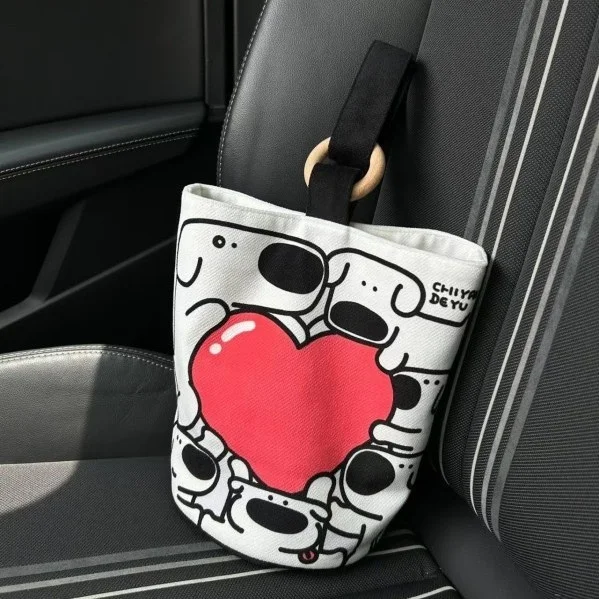 Kawai Cartoon Handheld Bucket Bags, Canvas  Cute Animal Portable Cosmetics Bags, Daily Commute Diaper Bottle Kids Snacks Bag