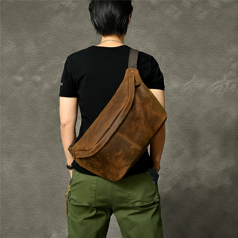 Simple vintage large capacity crazy horse cowhide men's chest bag natural real leather crossbody bag sports motorcycle bag teens