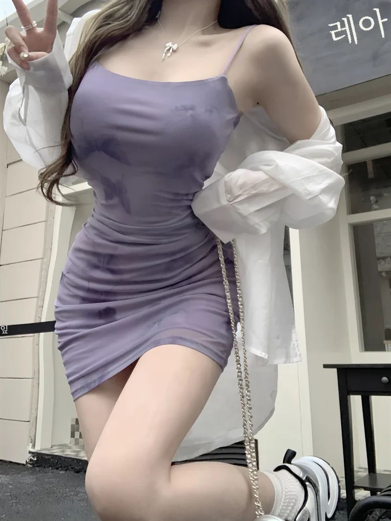 Женское Сетчатое платье на бретельках фиолетовое летнее сексуальное