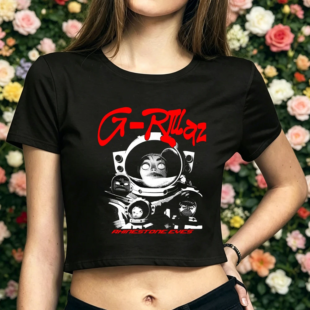 Фото Кроп-топ Gorillaz, подростковый, кавайный, распродажа, для вечеринок, летний топ, футболки, винтаж, Япония, гяру, лето №1