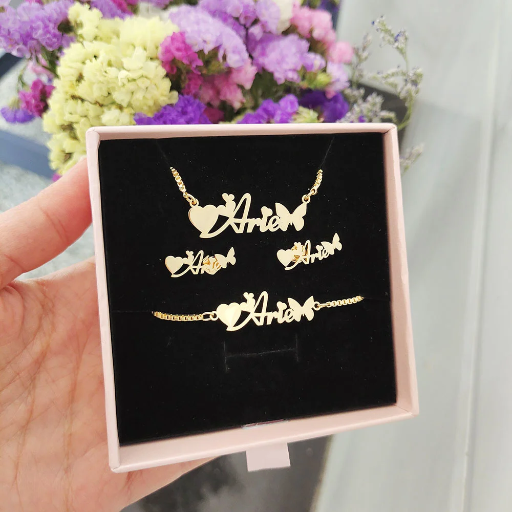 

Jewelry Sets Stainless Steel Custom Jewelry With Box Chain Nameplate Necklace/Earrings/Bracelet/Ring Gift For Women /Kid