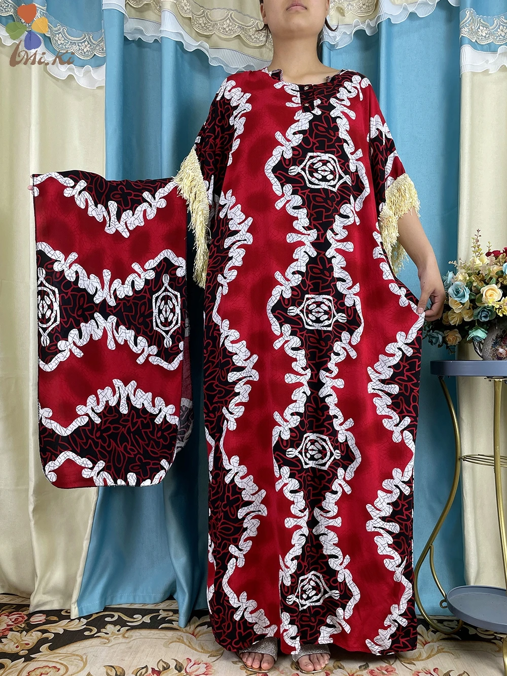 Muslim Short Sleeved Clothing New African Woman Abaya Tassel sleeve Solid color Printing Cotton Dress American Islam Clothing