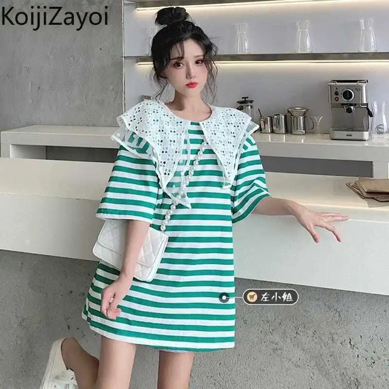 

Koijizayoi Striped Women Straight Tshirt Dress Short Sleves Peter Pan Collar Summer Dresses Students 2022 New Chic Vestidos 2022