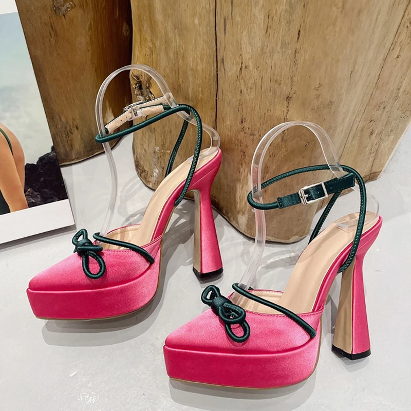 

Liyke Runway Style Brand Mei Red High Heels Women Pumps Fashion Butterfly-knot Silk Pointed Toe Platform Chunky Party Prom Shoes