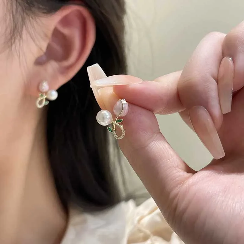 

Fashion Trend Pink Tulip Flower Drop Earrings Female France Light Luxury Tassel Chain Pendant Earrings Korean Wedding Earrings