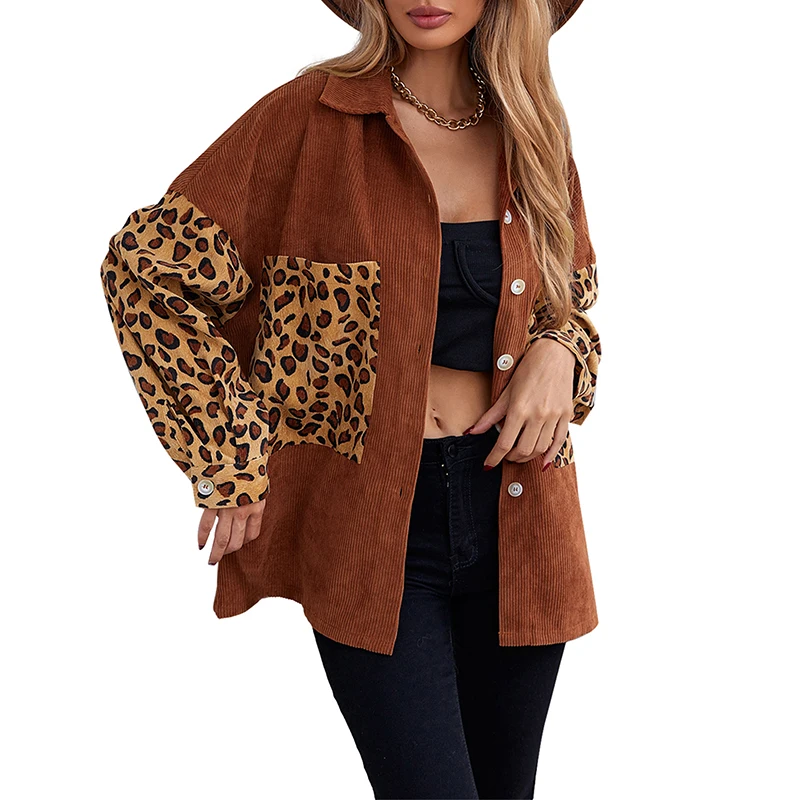 

Women Autumn Jacket, Leopard Print Turn-Down Neck Long Sleeve Single-Breasted Short Coat for Girls, Brown