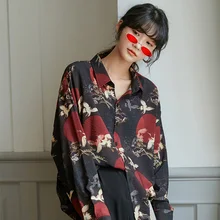 QWEEK-camisas con estampado Animal para mujer, camisa negra holgada de manga larga con botones, ropa de calle japonesa, Tops Vintage para mujer 2021