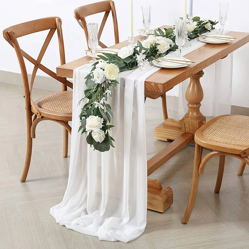 

10Ft Ivory Chiffon Table Runner 28x120 Inches Long Romantic Sheer Runner For Wedding Bridal Shower Outdoor Party Table Decor