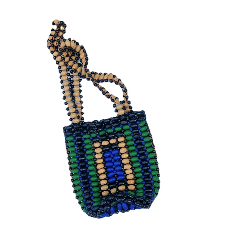 Hand Woven Wooden Bead Bucket Bag for Women Summer New Color Contrast Hollow Out Shoulder Bag Bohemian Travel Small Tote Bag