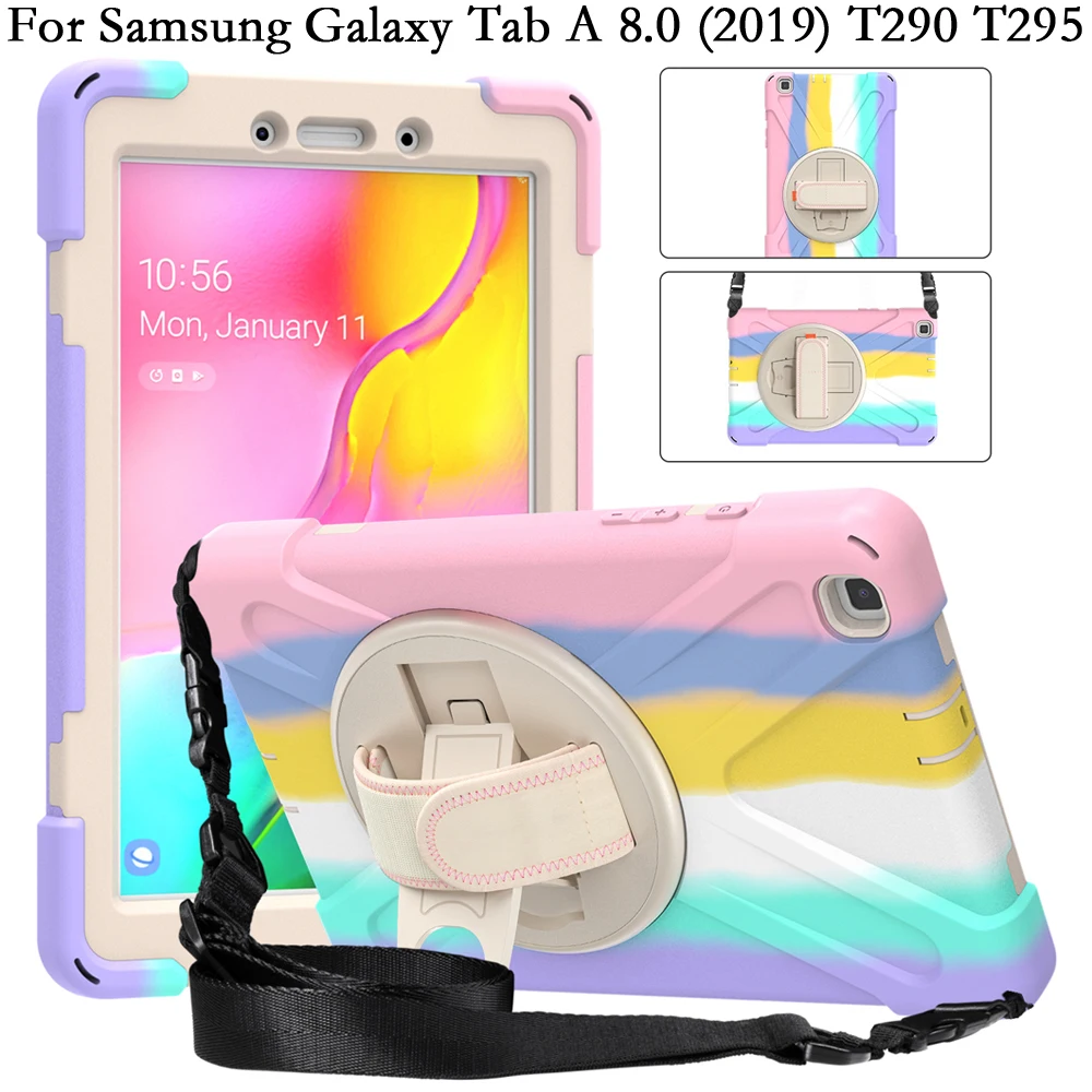

Case for Samsung Galaxy TabA Tab A 8.0 2019 T295 T290 Shoulder Strap Colorful Shockproof Silicone PC Rotating Stand Cover Fundas