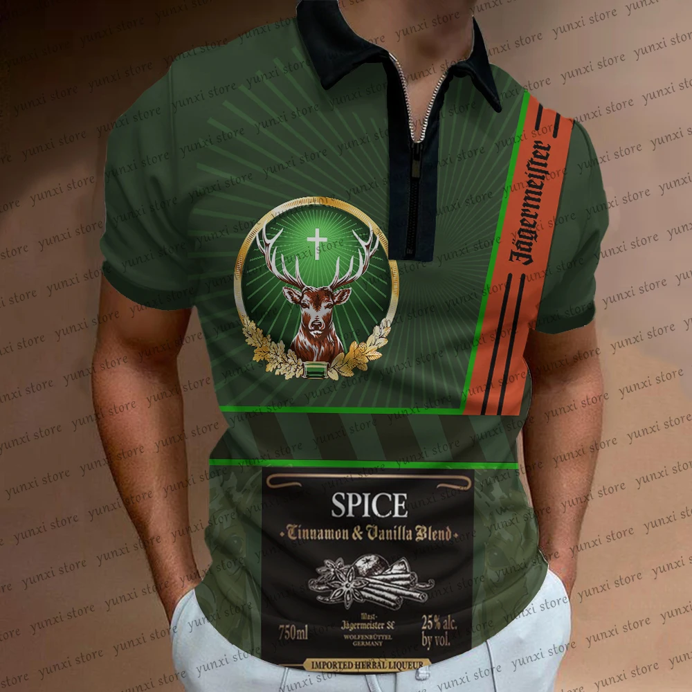 

Men's Summer New Jägermeister Zip Short Sleeve Beer Printed Tops Women Street Breathable Fashion Polo Shirts Outdoor Sportswear