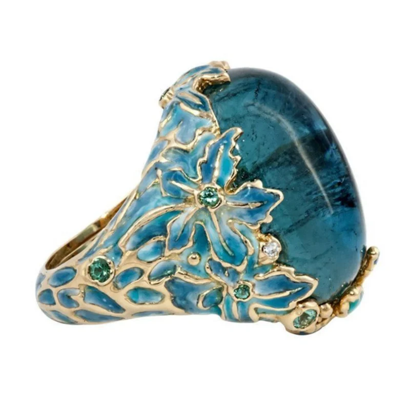 

Vintage Color Flower Rings for Women Retro Style Claw Inlay Hand-painted Oil Blue Large Stone Ring Fashion Party Jewelry