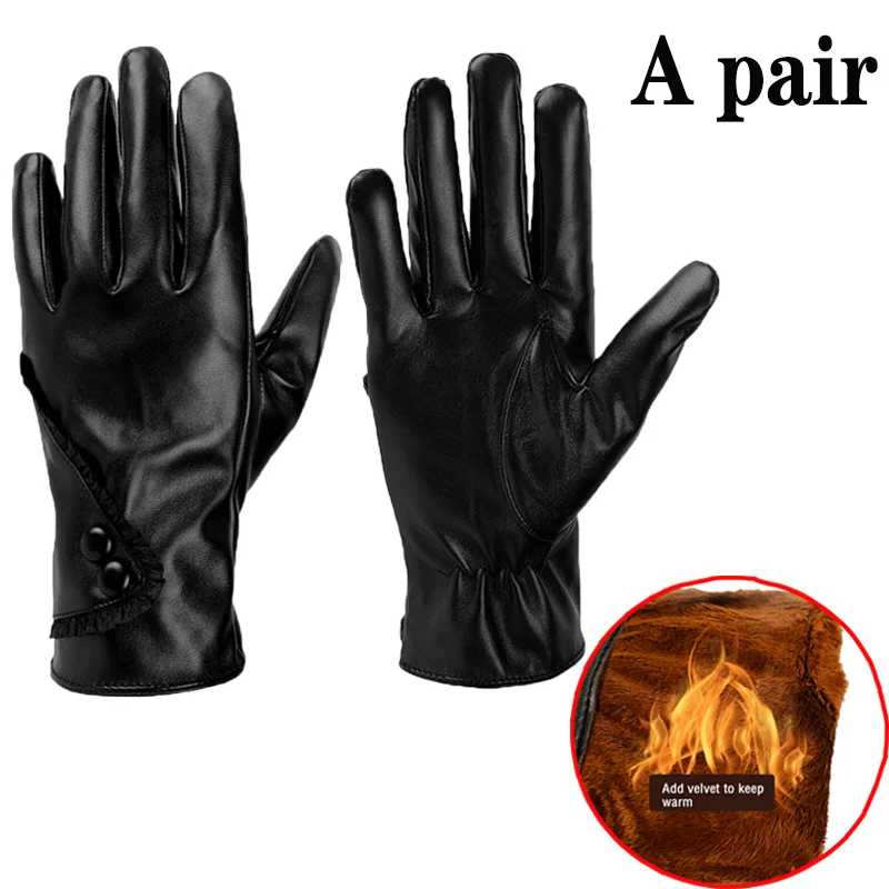 

PU Leather Gloves Winter Driving Gloves Outdoor Riding Warm Screen Gloves Men's Women's Full Finger Black Leather Gloves