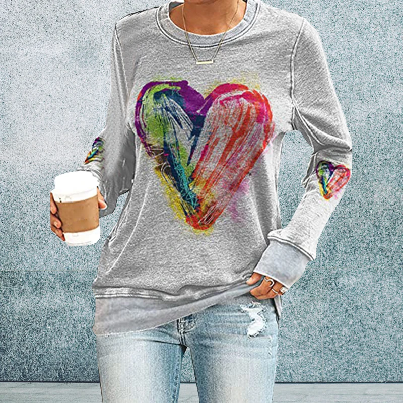 

Oil Painting Love Heart Print Casual Sweatshirt Women Pullover Long Sleeve Top R Oil Painting Love Heart Print Newly