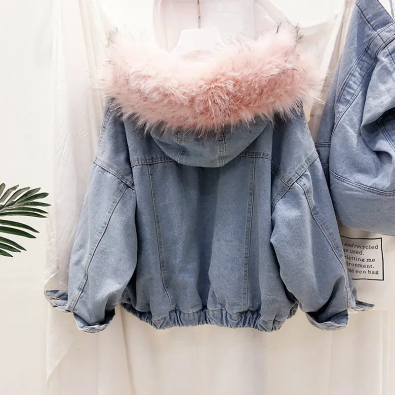 2 Colors Denim Jacket New Women Winter Hooded Faux Fur Collar Warm Jean Jacket Female Bomber Coats Student Basic Short Parkas