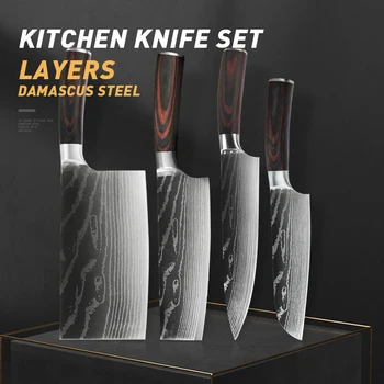 Kitchen Knives Japanese 7CR17 440C High Carbon Stainless Steel Laser Damascus Cleaver Chef Knife Set Kitchen Santoku Cuchillo