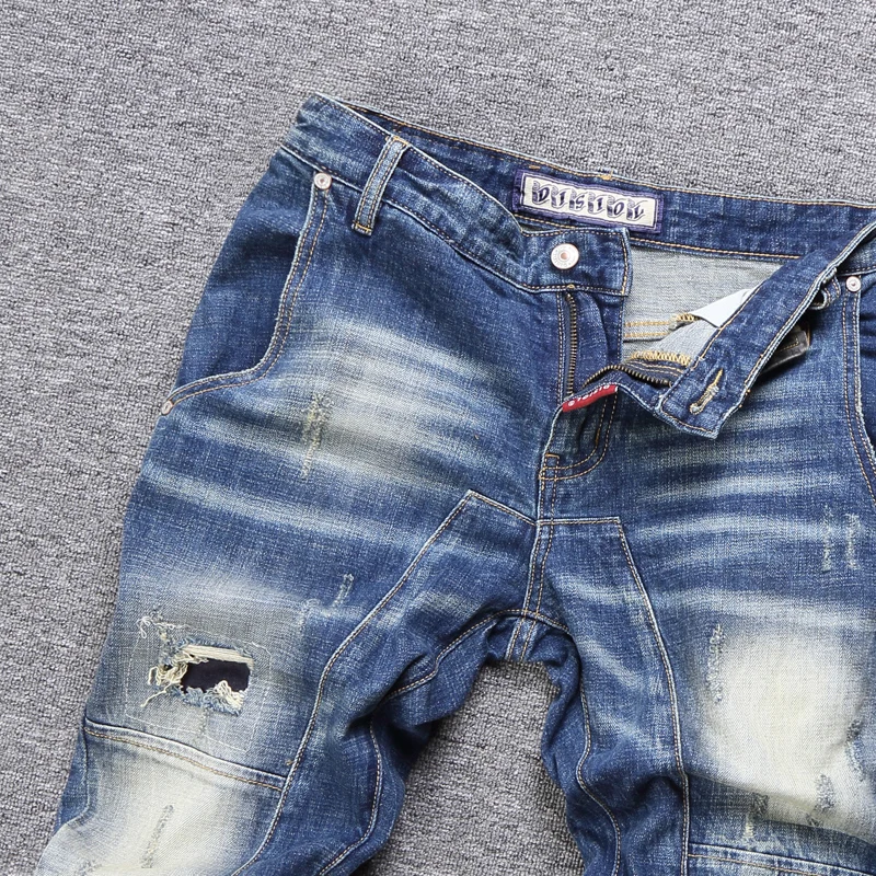 Fashion Spliced Designer Men Jeans Retro Blue Stretch Slim Fit Ripped Biker Jeans Homme Street Hip Hop Pants Men Hole Trousers