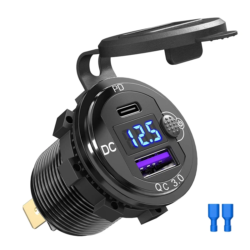 

48W 12V/24V Quick Charge Aluminum Type C PD&QC3.0 USB Charger Socket Adapter with Switch LED Voltmeterfor Car Motorcycle