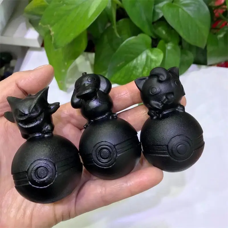 

1pcs Natural Black Obsidian Hand Carved Cartoon Quartz Crystal Gift Cartoon Character Craft Home Decoration