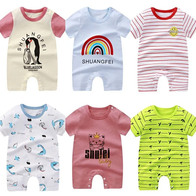 

Комбинезоны с коротким рукавом для новорожденных, летние модные хлопковые боди с мультяшным принтом, с круглым вырезом, короткие с открытым...