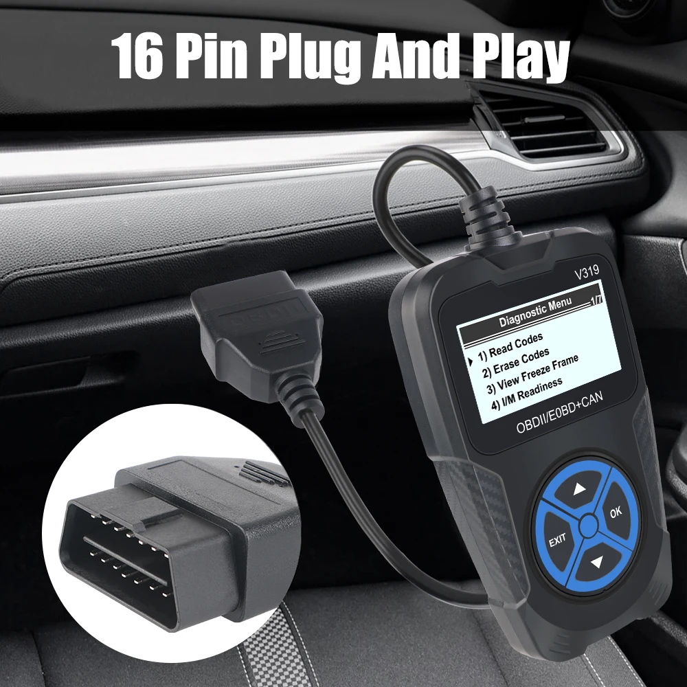 Фото Считыватель кодов OBD2, цифровой дисплей, сканер OBD 2, универсальные автомобильные аксессуары, диагностический инструмент двигателя V319, инструменты для диагностики автомобиля №3