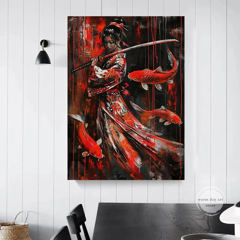 Японский гейш Самурай кои рыба дракон Бушидо Katana картина настенная печать для