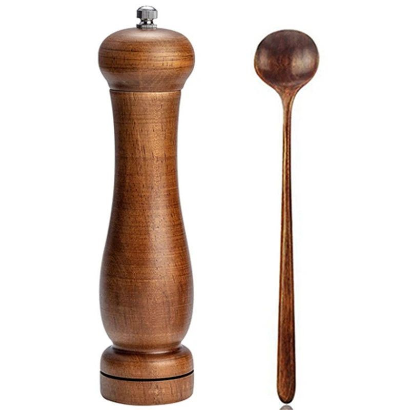 

2Pcs Wood Salt And Pepper Mill Set 8 Inch Antique Wooden Salt And Pepper Grinder & 8 Pc Long Spoons