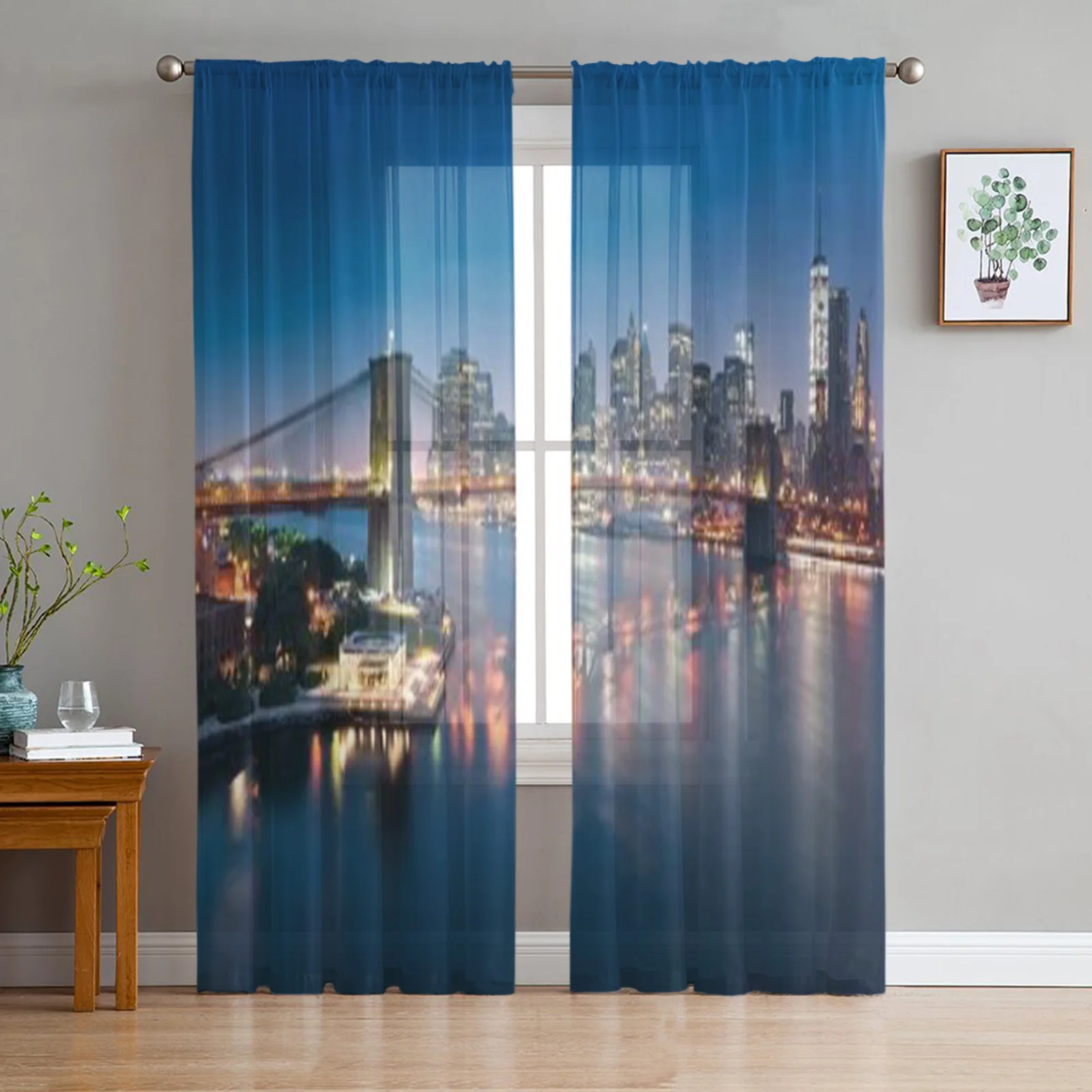 

New York City Skyline Panoramic View At Sunset Chiffon Sheer Curtains for Living Room Bedroom Window Voiles Tulle Curtain