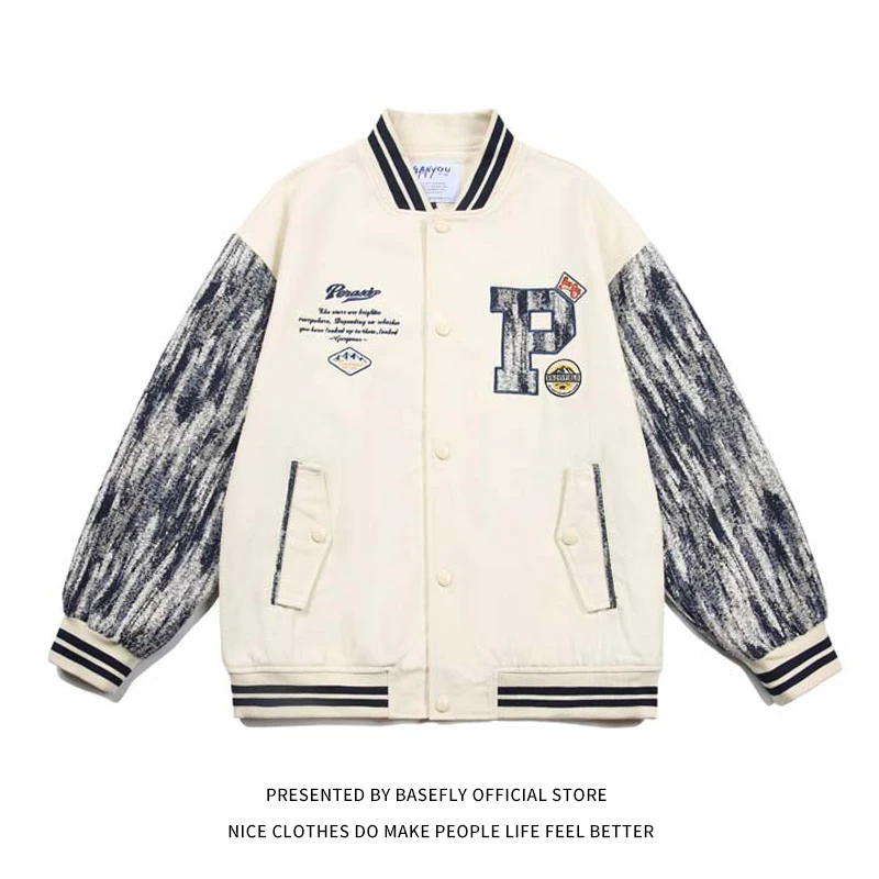 

New Arrival Patchwork Letter P Embroid Tye Die Sleeve Men Baseball Varsity Jacket Unisex Women Bomber Coat Letterman Coach Chic
