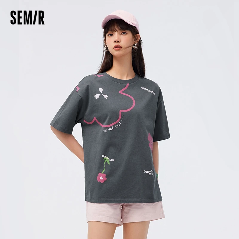 

Semir Short Sleeve Tshirt Women Mid Length 2023 Summer New Oversize Irregular Flower Dress Tshirt Sense