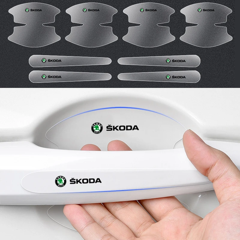 Наклейка на дверную ручку автомобиля, прозрачная наклейка с логотипом автомобиля для Skoda Octavia MK2 MK1 2 3 A5 A7 A8 Fabia Karoq Superb Rapid Kamiq Scala