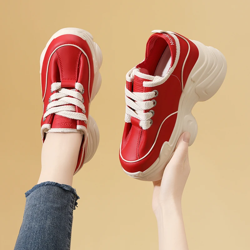 Autuspin Brand Designer 8cm High Wedges Women Shoes Fashion Genuine Leather Vulcanized Sneakers Ladies Chunky Platform Red Color