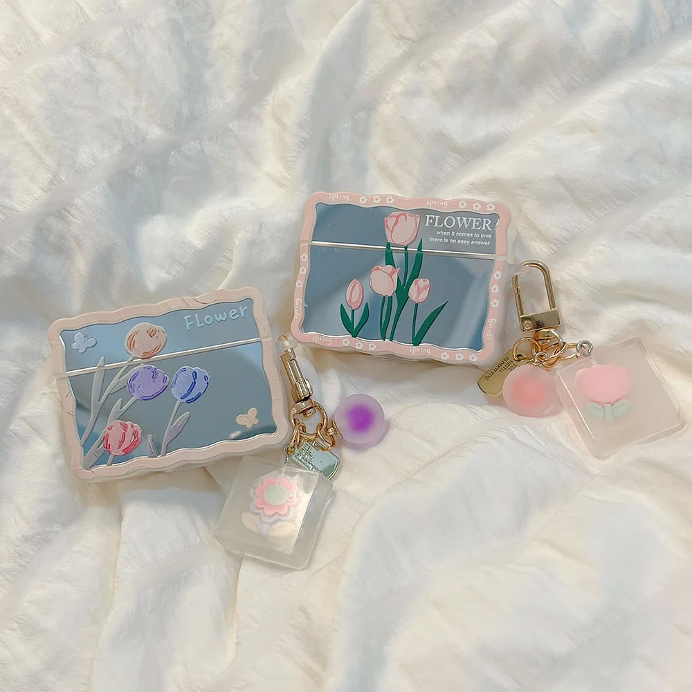 

Зеркальные розовые фиолетовые синие тюльпаны для наушников планшетов AirPods 3 2 милый волнистый чехол для AirPods Pro AirPod матовый цветочный брелок