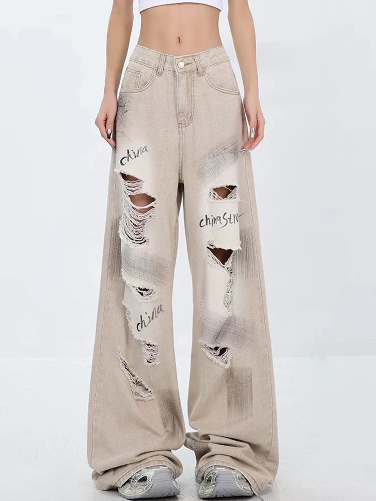 Джинсы женские с высокой талией базовые уличные штаны вырезами Модные свободные