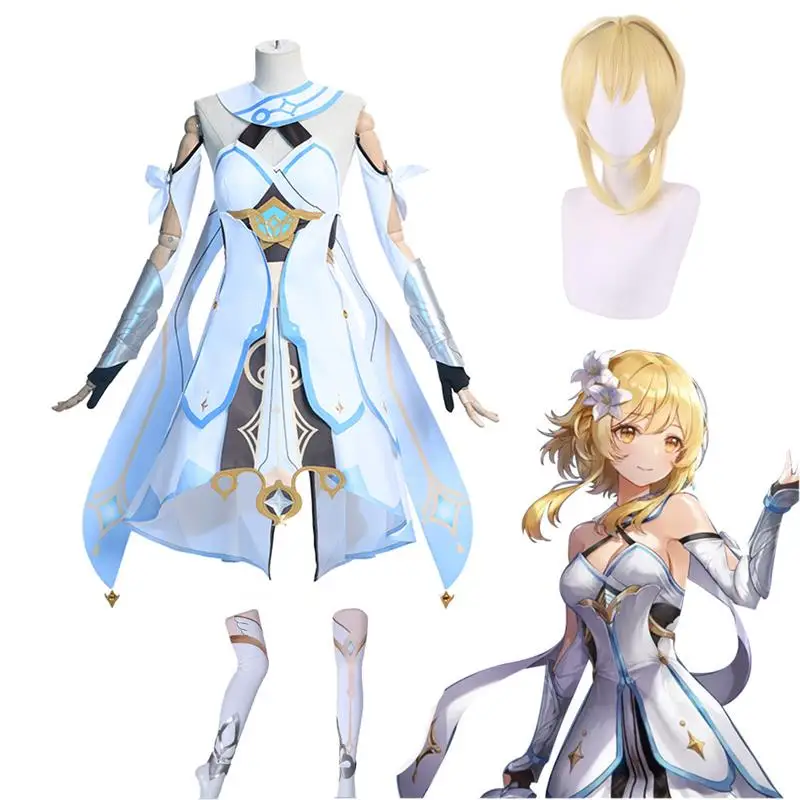

Halloween Game Genshin Impact Traveler Lumine Cosplay Costume Original Version Uniform Halloween Women Costumes wig Full Set