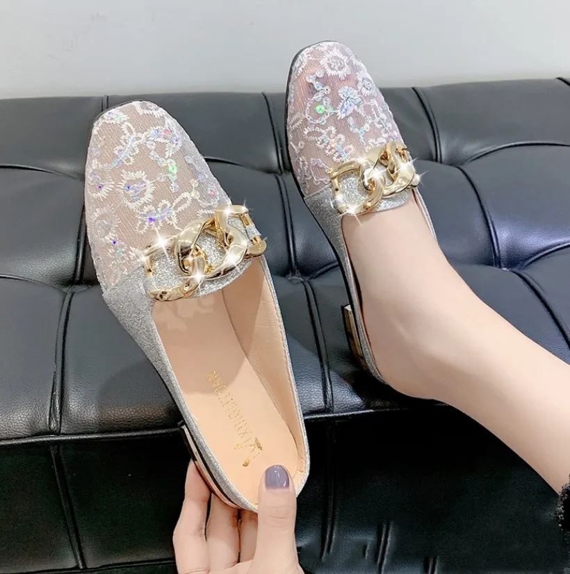 

2022 New Spring Summer Flat Shoes For Women Outside Wear Ladies Casual Slippers Lace Mesh Chain Sandals Slip-On Women's Shoes