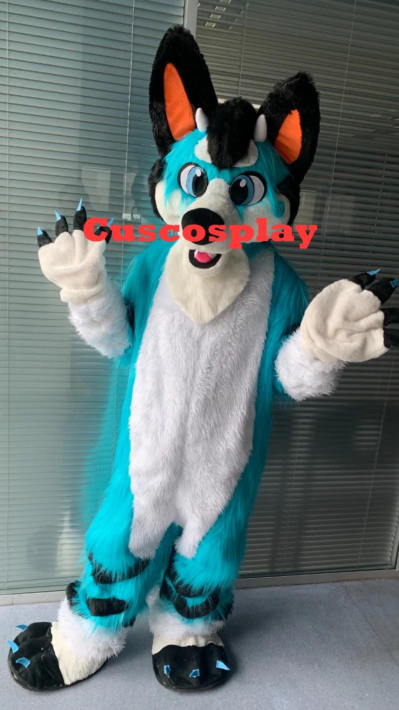 Blue Long Fur Husky Dog Fox Wolf Fursuit Mascot Costume Suit Cosplay Party Game Fancy Dress Adult Size Apparel