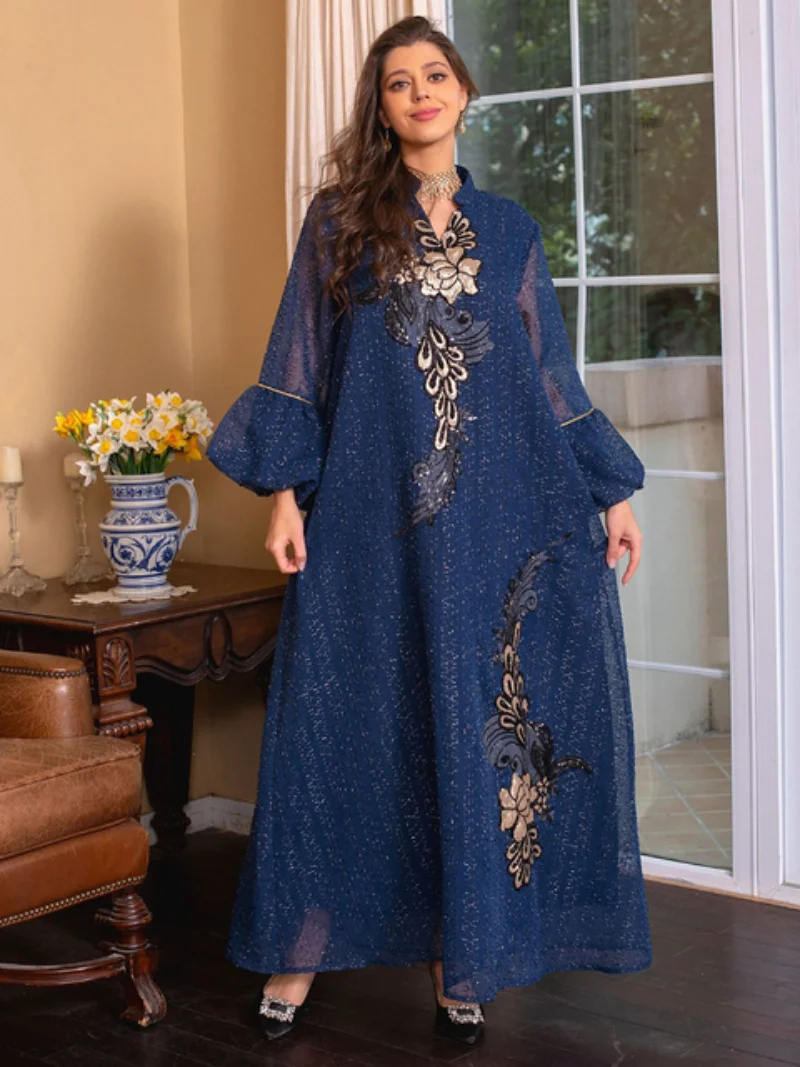 Elegant Women's Dresses for Party 2023 Fashion Muslim Mesh Sequin Embroider Evening Dress Dubai Moroccan Caftan Petal Sleeve Eid