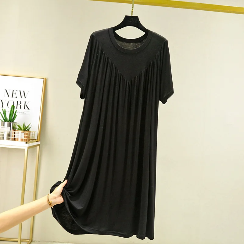 Modal Nightgown Women Summer Pleated Thin O-neck Loose Large Size Casual Short Sleeve Night Dress Home Female Long Dress