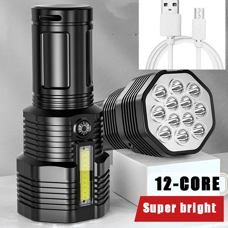 

Powerful LED Flashlight 12 Core Rechargeable Flashlight With COB Side Light Ultra Bright Waterproof Torch For Camping Hiking