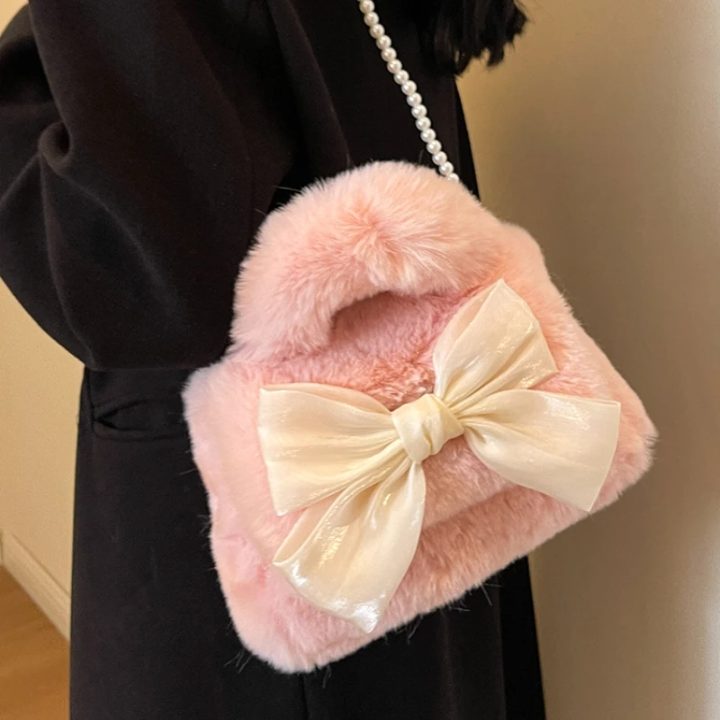

Luxury Faux Fur Ladies Bow Shoulder Bag Soft Plush Pearl Chain Female Purse Handbags Sweet Women's Furry Small Crossbody Bags