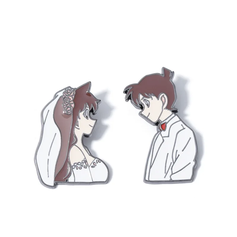 

1 Pcs Lovely Japan Anime Detective Conan Cosplay Brooch Pins Figure Mouri Ran Kudou Shinichi Wedding Series Metal Badges Toys