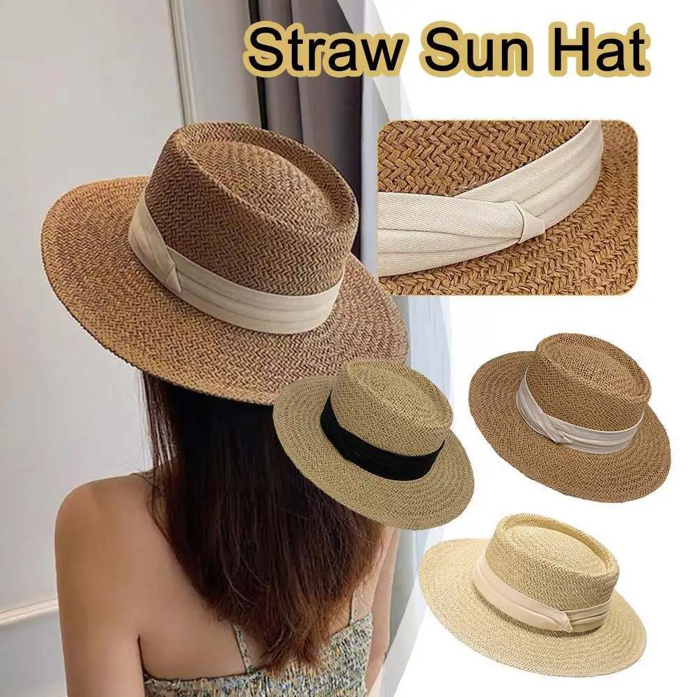 

Шляпа женская Соломенная, модная повседневная Пляжная Панама, уличная дорожная шапка от солнца, дышащая с широкими полями, с затеняющим козырьком, L6C1, лето