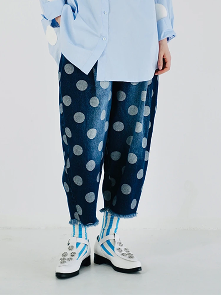 imakokoni girls 2022 original washed polka dot denim tapered pants spring casual women's clothing 223576