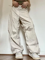 vintage womans cargo pants beige street style fashion pocket button y2k sweatpants high waist baggy casual wide leg trousers