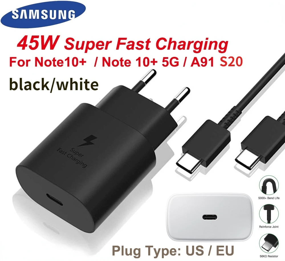 

45W Fast Charger for Samsung S20 Note10 Note10+ 5G A91 A71 EU/US Plug Type-C Cable EP-TA845 Super Travel Charger