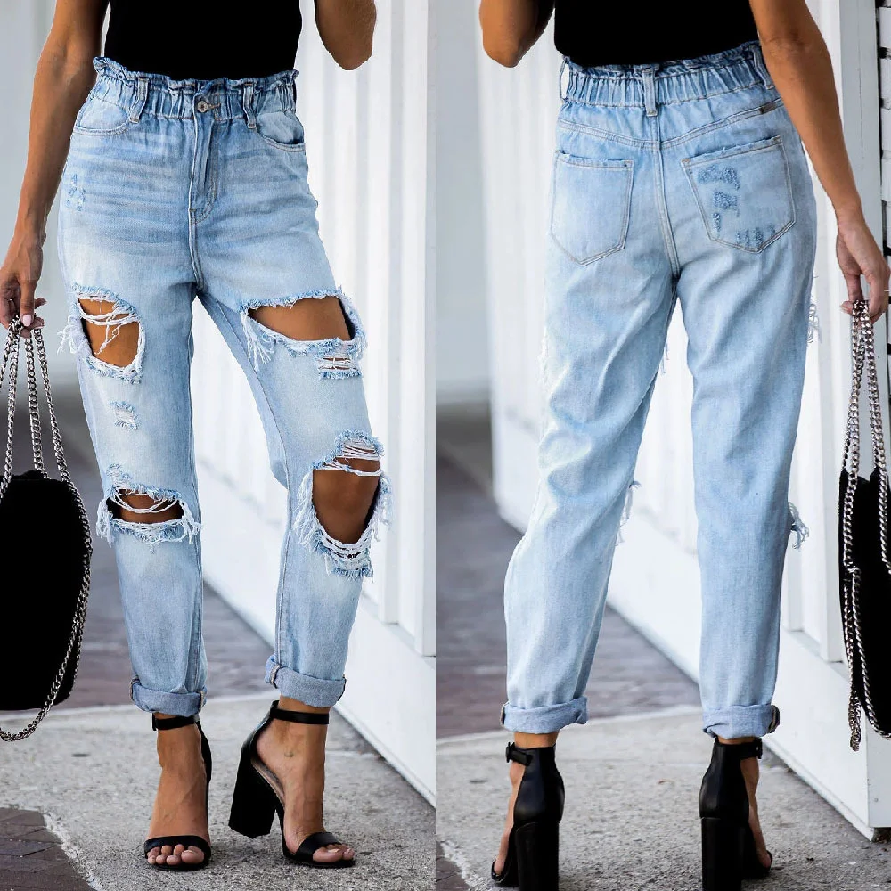 

2022Women's Stretch Hole Slim Denim Pants Street Wear Women Skinny Jeggings Jeans Mom Ripped Slimming Denim Pants Low Rise Jeans
