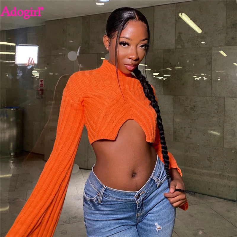 Adogirl Knitted Sweater Crop Tops Women 2022 Autumn Winter Solid Turtleneck Long Flare Sleeve V Cut Loose Casual Outfits