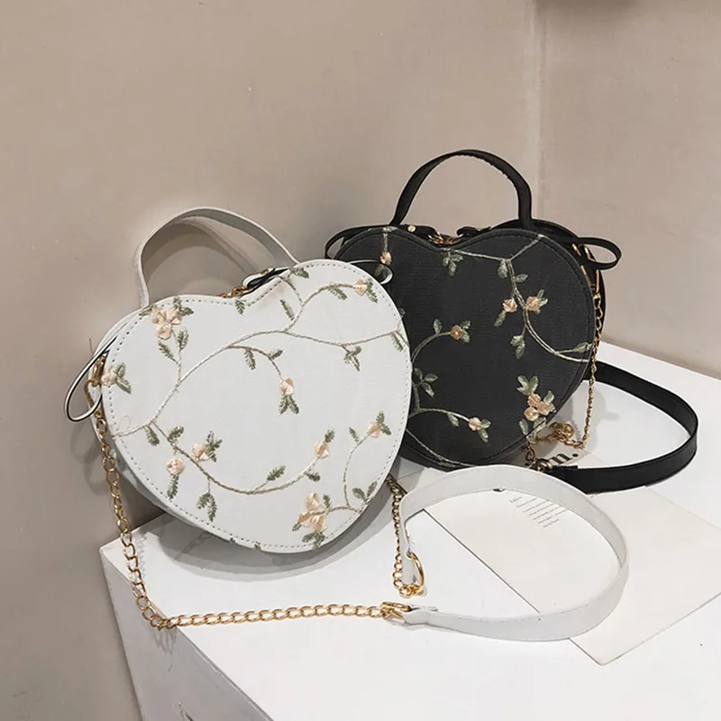

Female Sweet Lace Heart Round Handbags High Quality PU Leather Cross Body Bags for Women Small Fresh Flower Chain Shoulder Bags