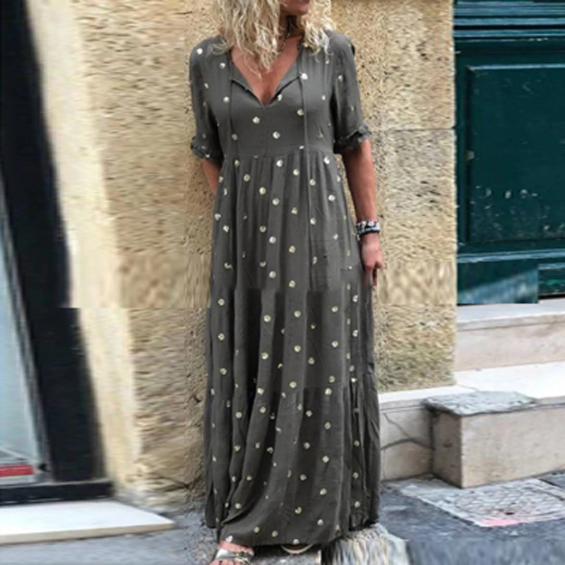 

Elegant Belt V Neck Pleat A Line Dresses Ladies Casual Half Sleeve Vocation Maxi Dress Vintage Polka Dot Print Loose Long Dress